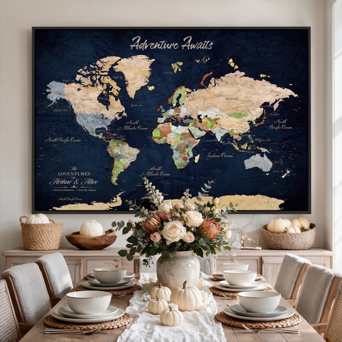 39120422-MGV-CV-36X24 - Personalized Beige Antique Push Pin Travel Map Canvas Print, Bucket List Map, Dining Room and Entryway Decor