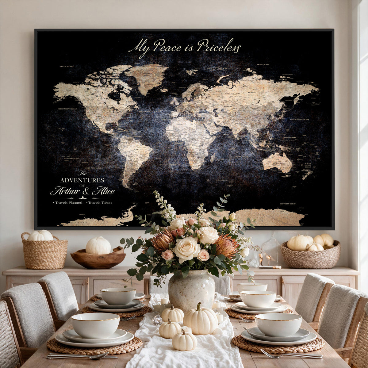 38689152-MGV-CV-36X24 - Personalized Beige World Map Canvas with Push Pins, Couples Countries Visited Map, Study and Hallway Decor