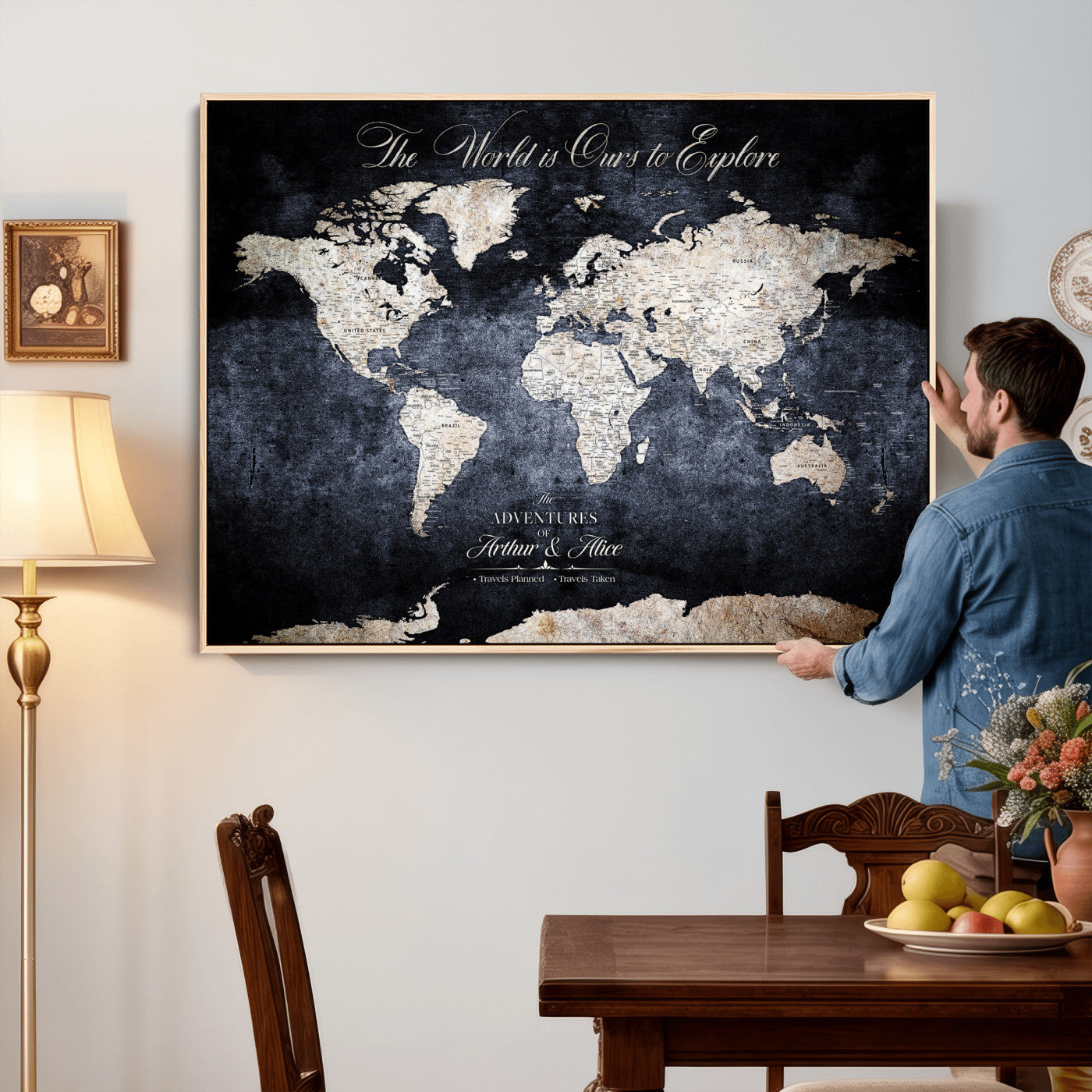 78489746-MGV-CV-36X24 - Custom Push Pin World Map Wall Art Canvas Print – Personalized Travel Tracker with Pins Framed Large for Home and Office Decor