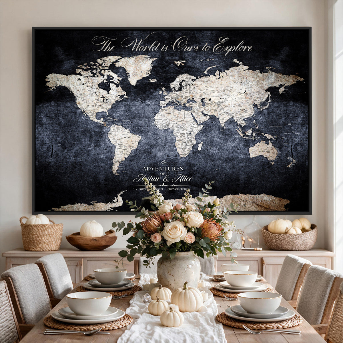 78489746-MGV-CV-36X24 - Custom Push Pin World Map Wall Art Canvas Print | Personalized Travel Tracker with Pins Framed Large for Home and Office Decor