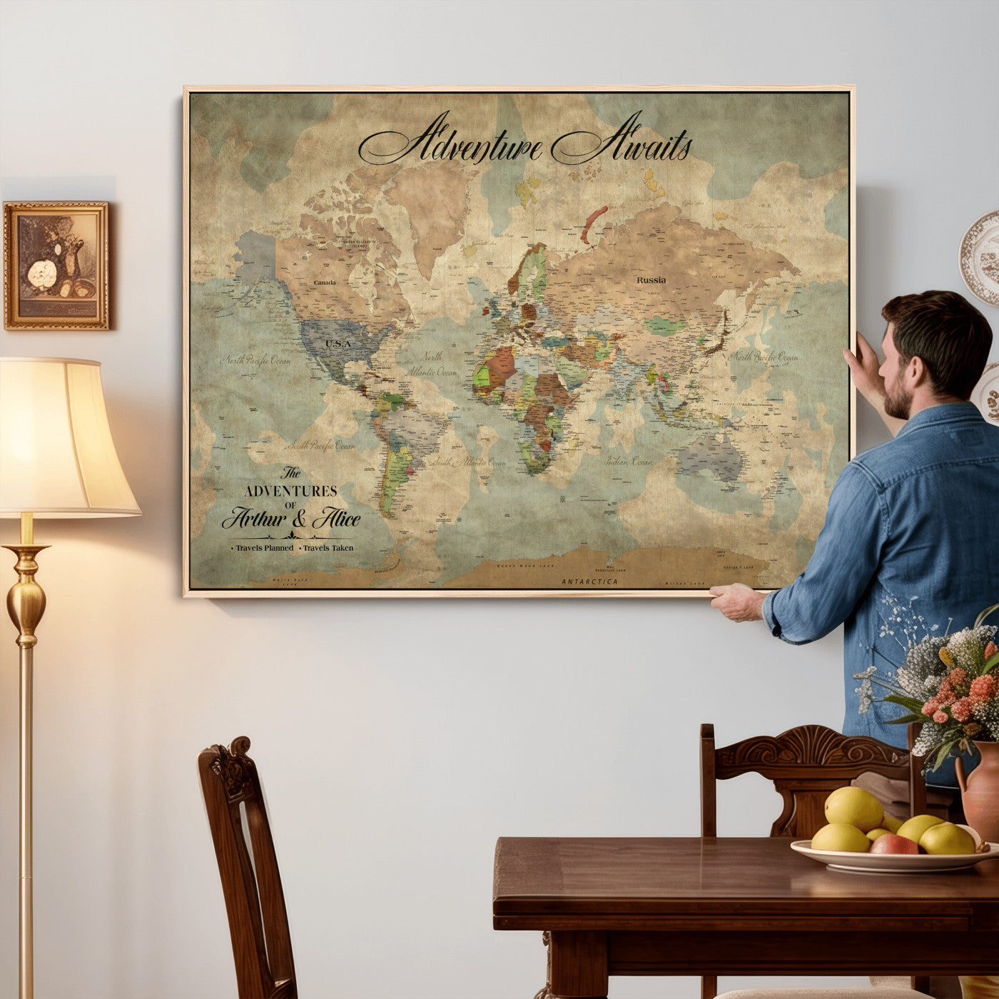 80420159-MGV-CV-36X24 - Custom Push Pin World Map Wall Art Canvas Print – Personalized Travel Tracker with Pins Framed Large for Home and Office Decor