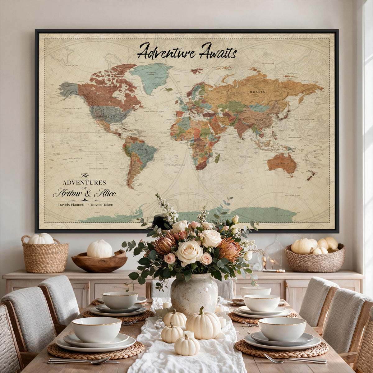 10741176-MGV-CV-36X24 - Custom Push Pin World Map Wall Art Canvas Print | Personalized Travel Tracker with Pins Framed Large for Home and Office Decor