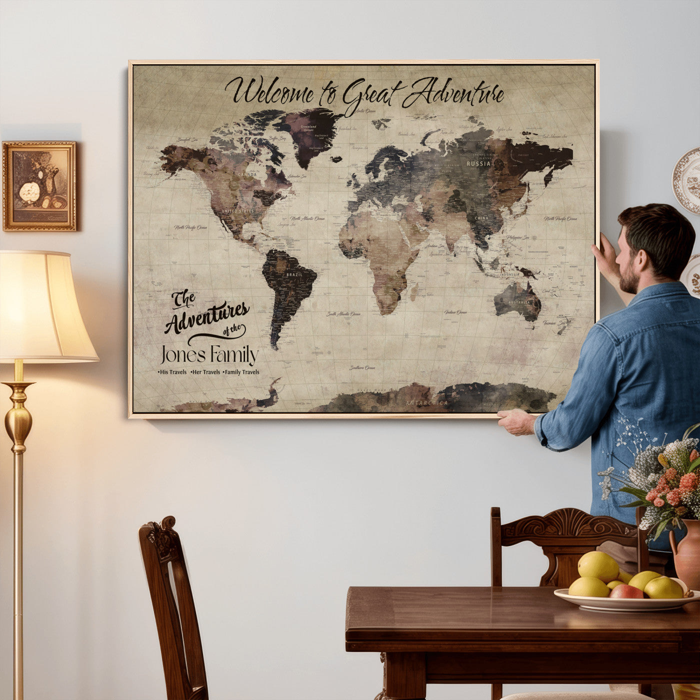 25688366-MGV-CV-36X24 - Custom Push Pin World Map Wall Art Canvas Print – Personalized Travel Tracker with Pins Framed Large for Home and Office Decor