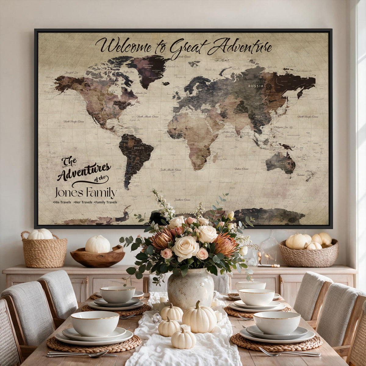 25688366-MGV-CV-36X24 - Custom Push Pin World Map Wall Art Canvas Print | Personalized Travel Tracker with Pins Framed Large for Home and Office Decor