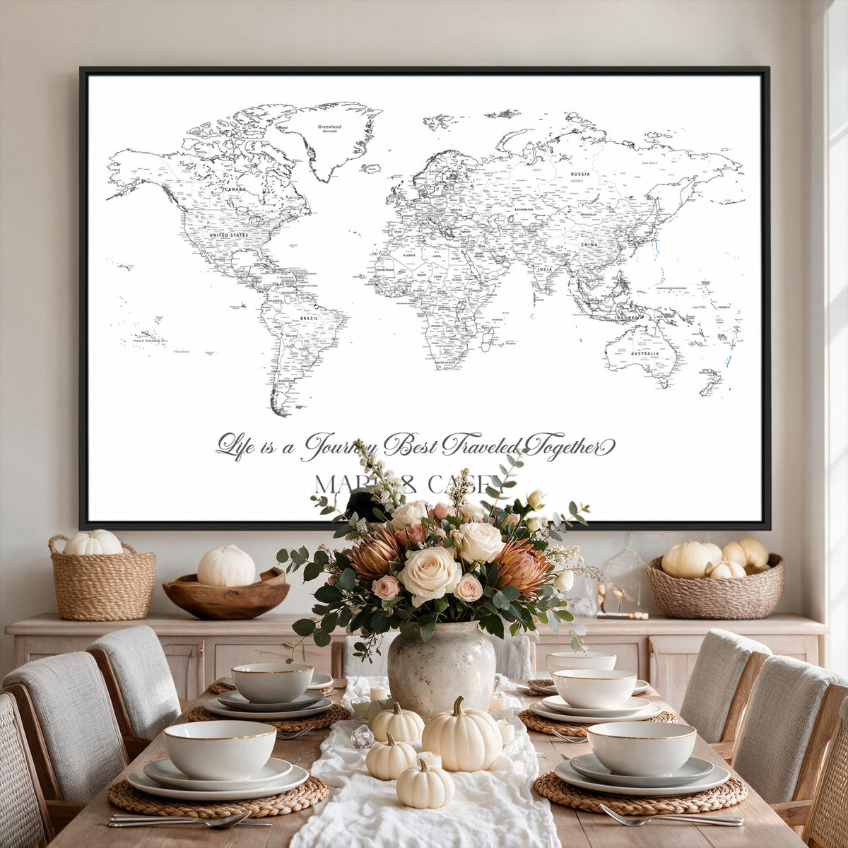 57820424-MGV-CV-36X24 - Custom Push Pin World Map Wall Art Canvas Print – Personalized Travel Tracker with Pins Framed Large for Home and Office Decor