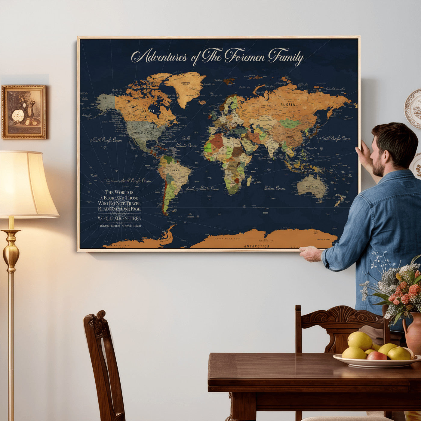 84352304-MGV-CV-36X24 - Custom Push Pin World Map Wall Art Canvas Print – Personalized Travel Tracker with Pins Framed Large for Home and Office Decor