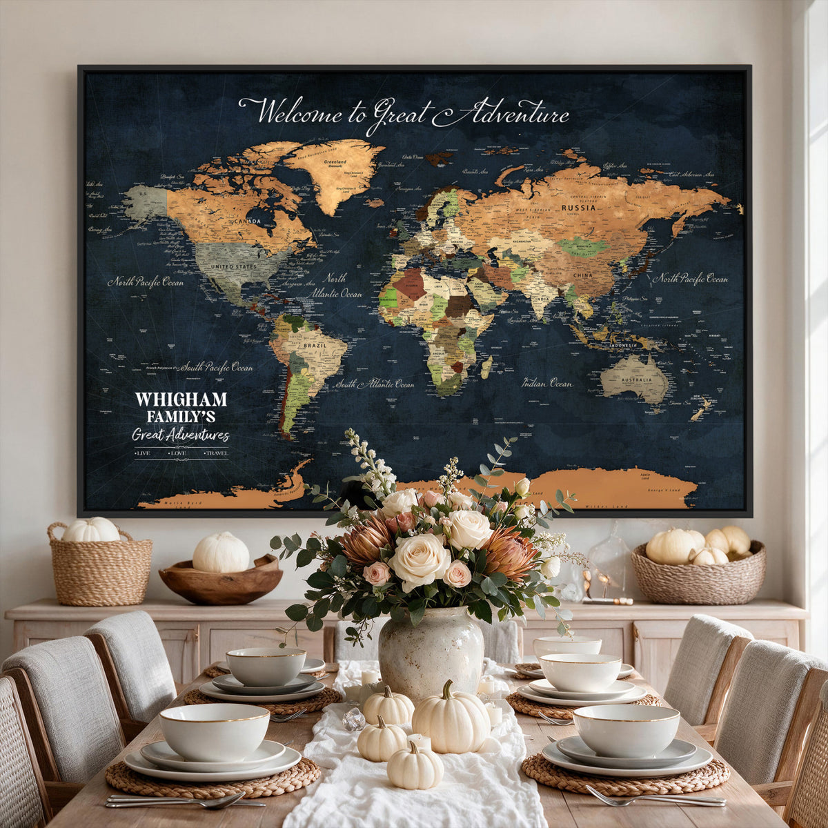 66788995-MGV-CV-36X24 - Custom Push Pin World Map Wall Art Canvas Print | Personalized Travel Tracker with Pins Framed Large for Home and Office Decor