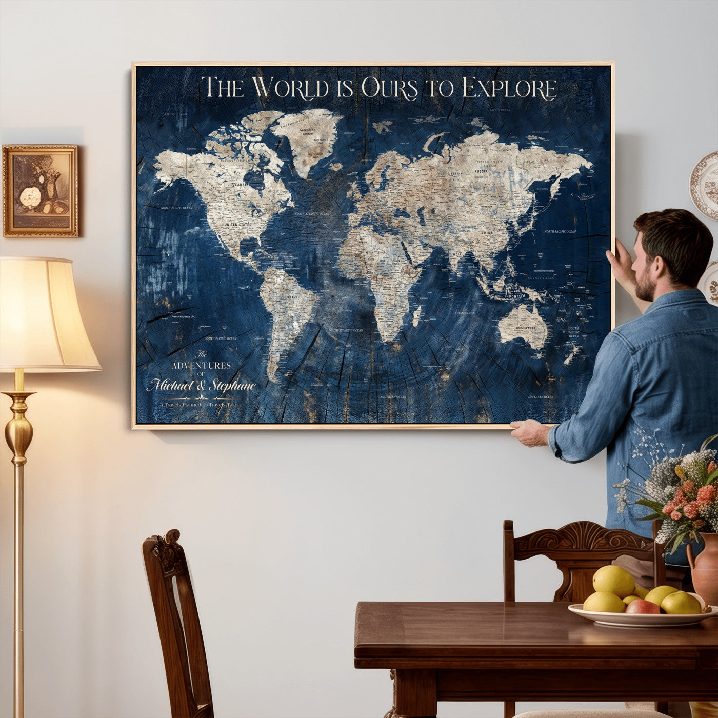 76965912-MGV-CV-36X24 - Custom Push Pin World Map Wall Art Canvas Print – Personalized Travel Tracker with Pins Framed Large for Home and Office Decor