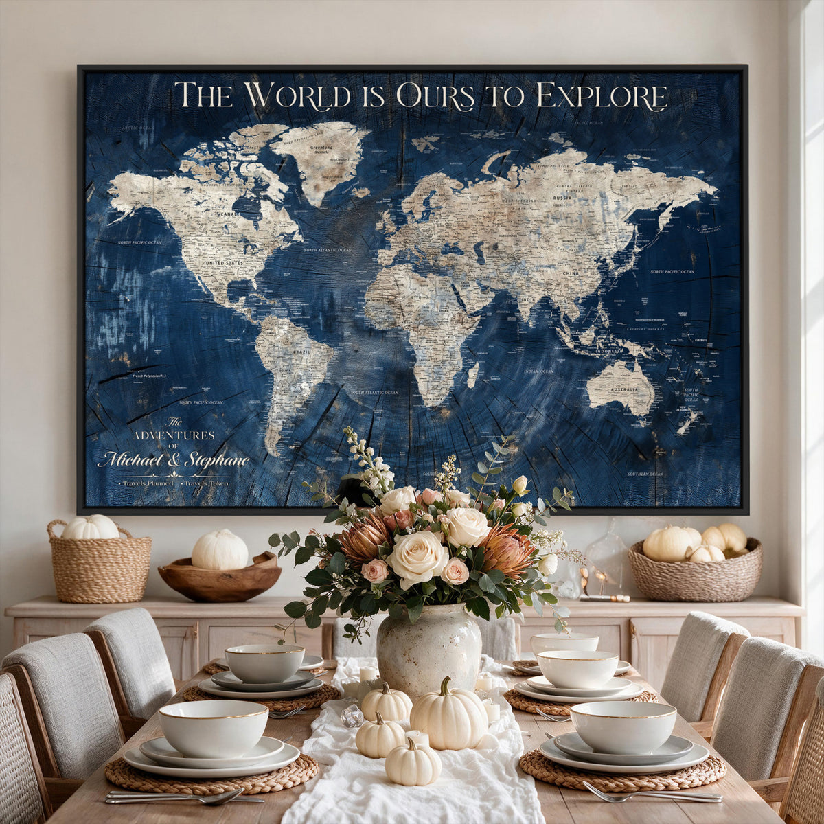 76965912-MGV-CV-36X24 - Custom Push Pin World Map Wall Art Canvas Print – Personalized Travel Tracker with Pins Framed Large for Home and Office Decor