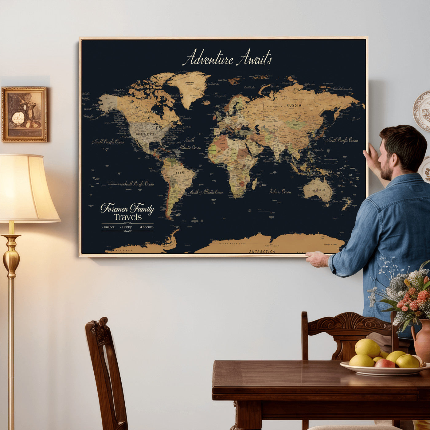 31781393-MGV-CV-36X24 - Custom Push Pin World Map Wall Art Canvas Print – Personalized Travel Tracker with Pins Framed Large for Home Decor