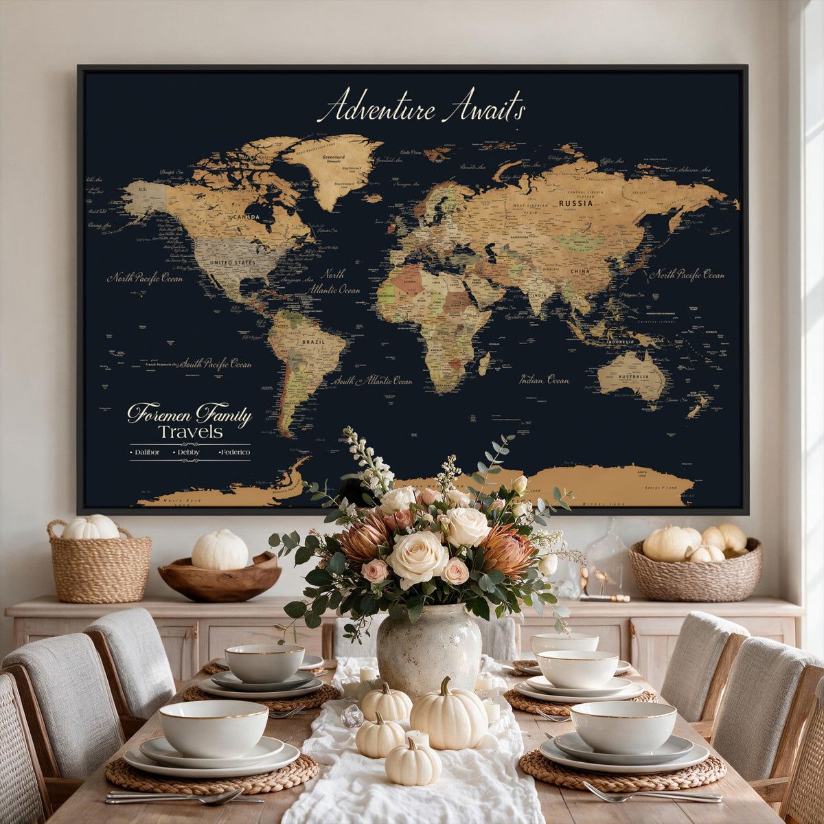 31781393-MGV-CV-36X24 - Custom Push Pin World Map Wall Art Canvas Print | Personalized Travel Tracker with Pins Framed Large for Home Decor