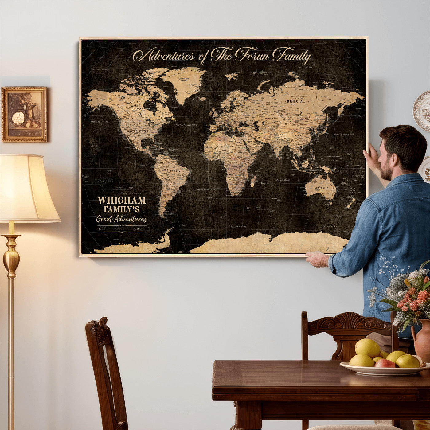 69635819-MGV-CV-36X24 - Custom Push Pin World Map Wall Art Canvas Print – Personalized Travel Tracker with Pins Framed Large for Home and Office Decor