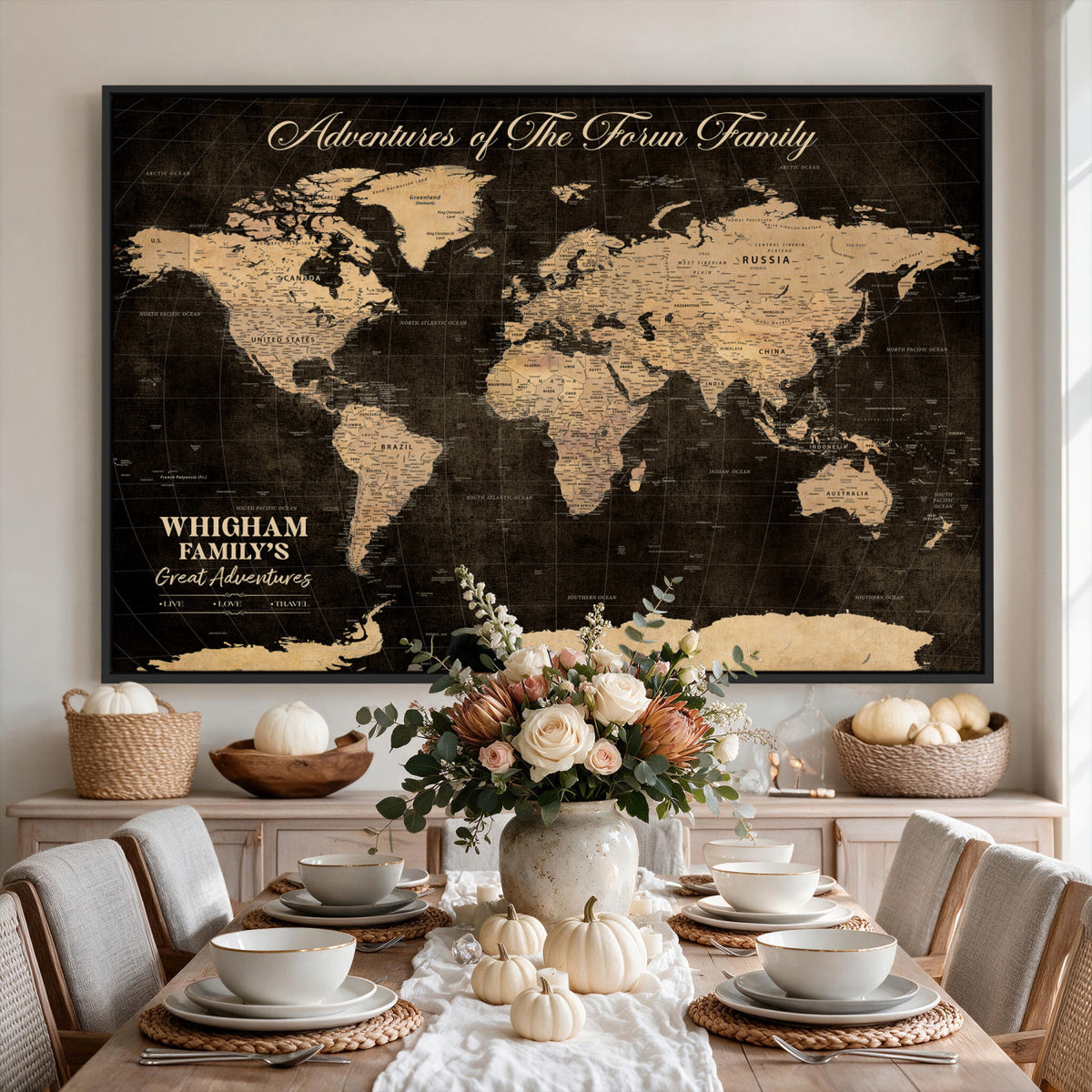 69635819-MGV-CV-36X24 - Custom Push Pin World Map Wall Art Canvas Print | Personalized Travel Tracker with Pins Framed Large for Home and Office Decor