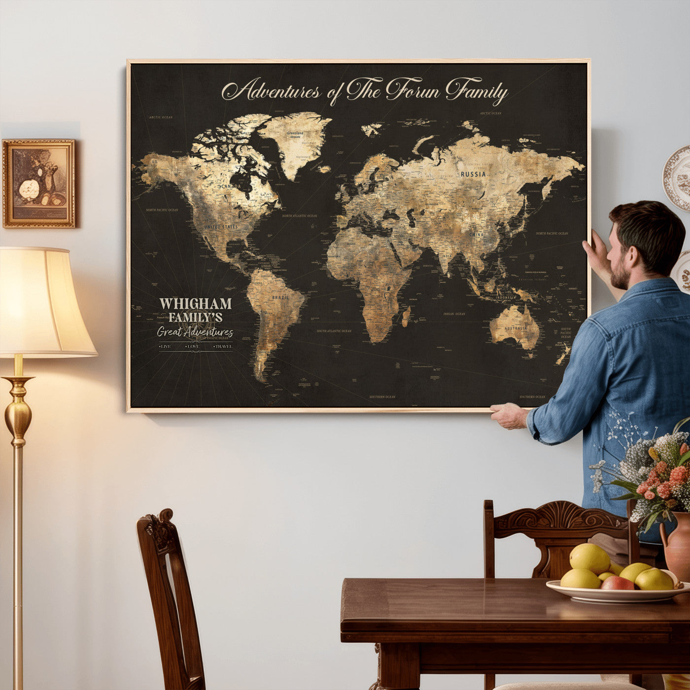 80238567-MGV-CV-36X24 - Custom Push Pin World Map Wall Art Canvas Print – Personalized Travel Tracker with Pins Framed Large for Home and Office Decor
