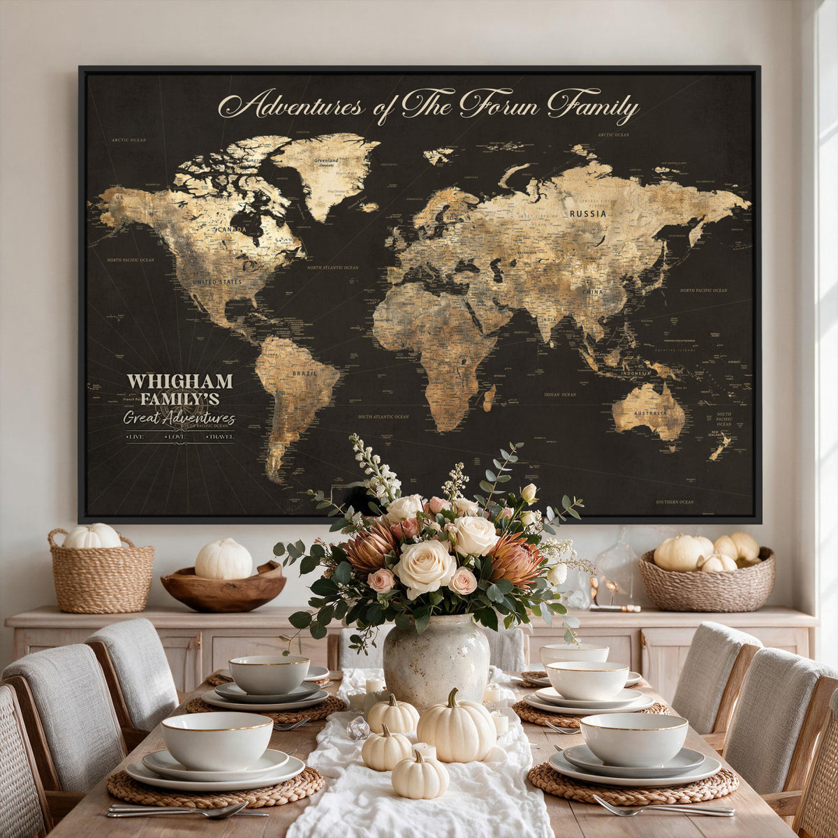 80238567-MGV-CV-36X24 - Custom Push Pin World Map Wall Art Canvas Print | Personalized Travel Tracker with Pins Framed Large for Home and Office Decor