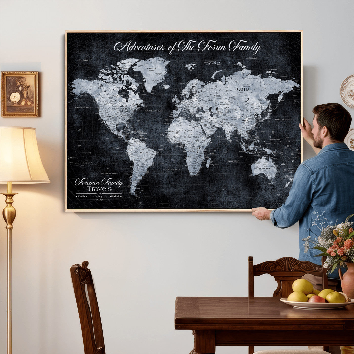 26826520-MGV-CV-36X24 - Custom Push Pin World Map Wall Art Canvas Print – Personalized Travel Tracker with Pins Framed Large for Home and Office Decor