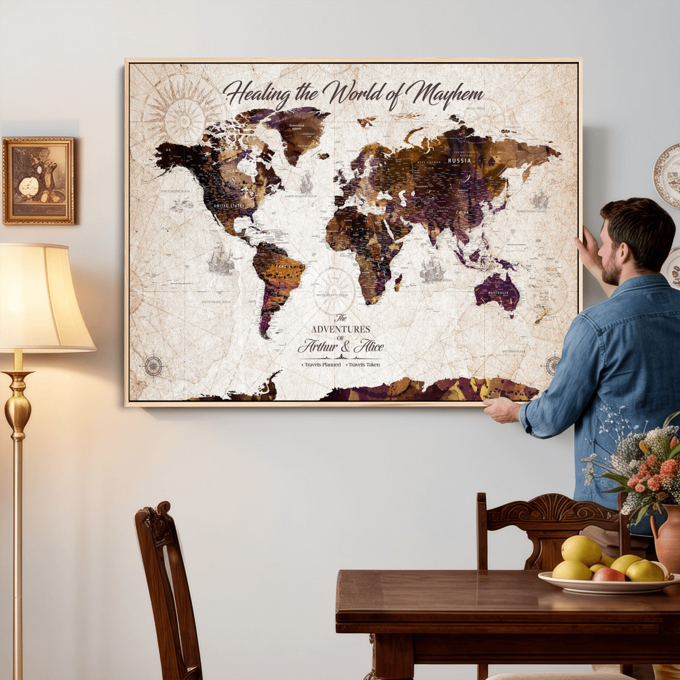 20154714-MGV-CV-36X24 - Custom Push Pin World Map Wall Art Canvas Print – Personalized Travel Tracker with Pins Framed Large for Home and Office Decor