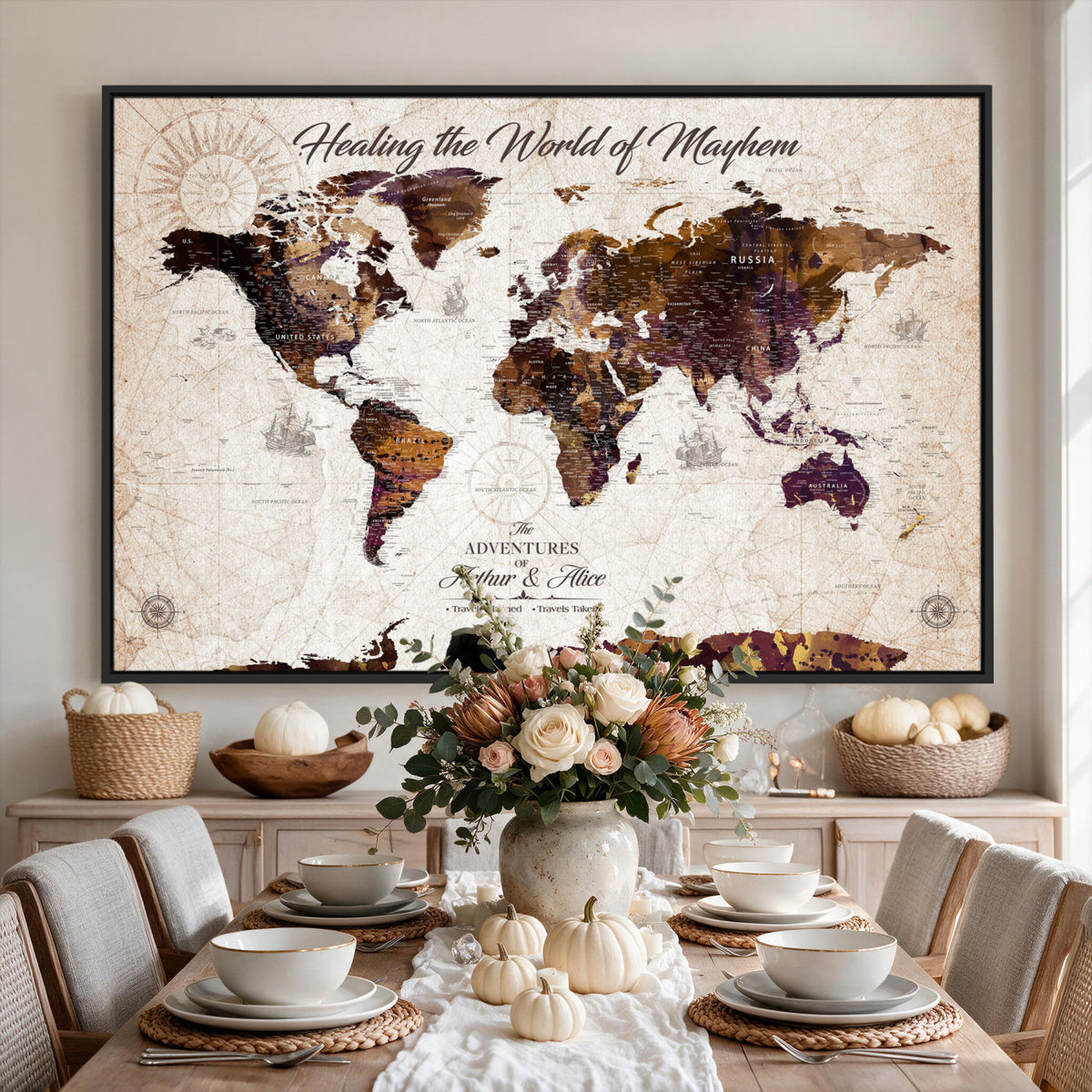 20154714-MGV-CV-36X24 - Custom Push Pin World Map Wall Art Canvas Print | Personalized Travel Tracker with Pins Framed Large for Home and Office Decor