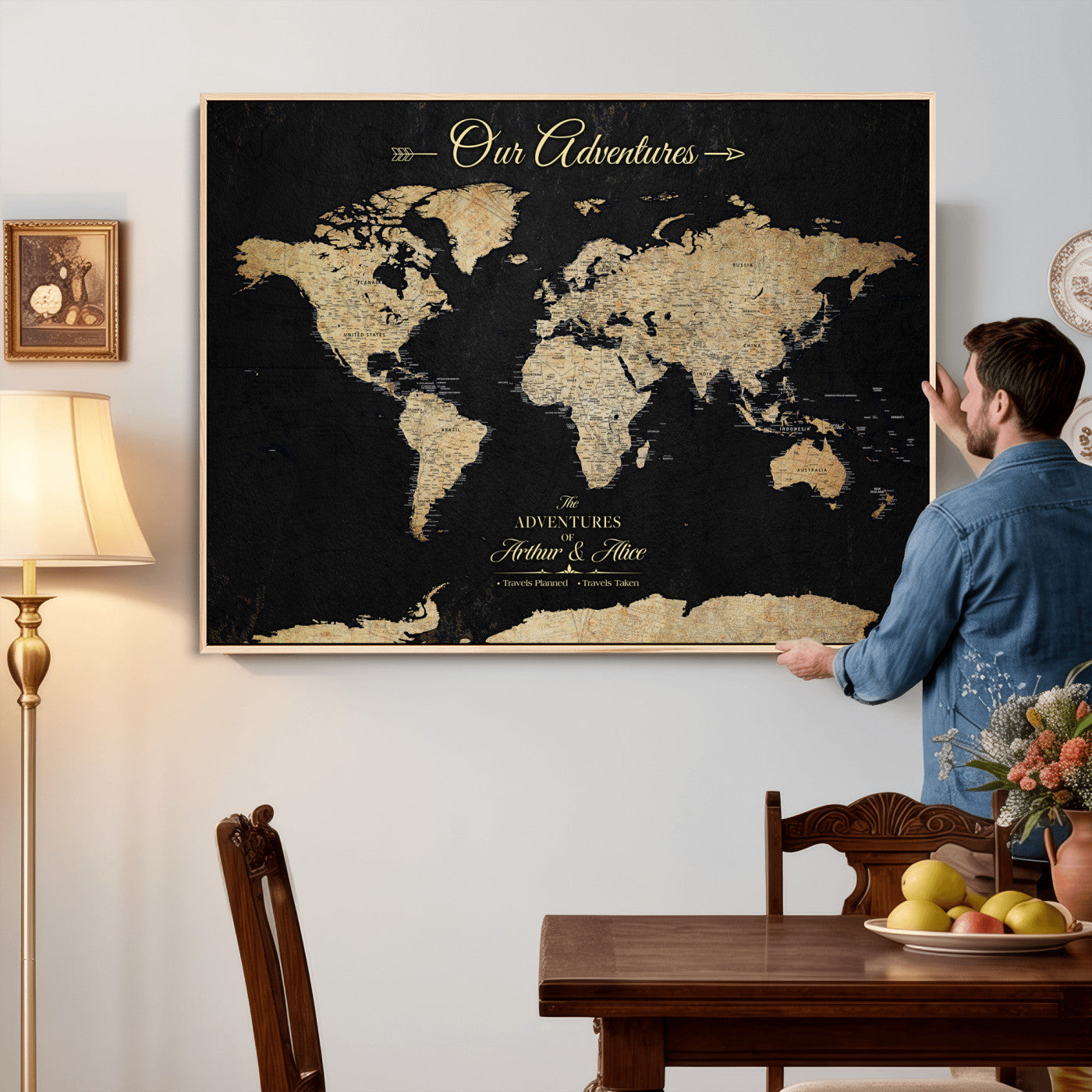 54638998-MGV-CV-36X24 - Custom Push Pin World Map Wall Art Canvas Print – Personalized Travel Tracker with Pins Framed Large for Home and Office Decor