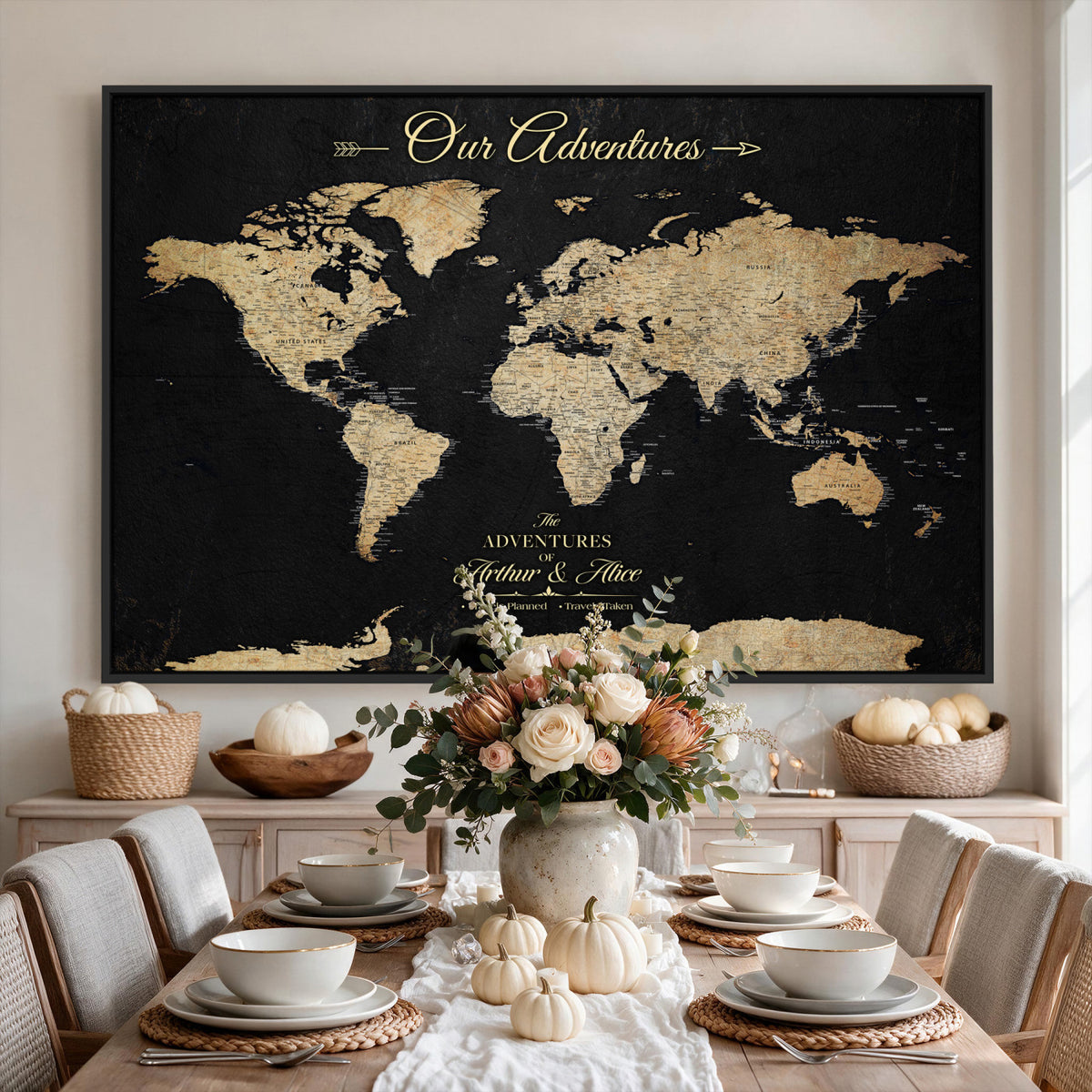 54638998-MGV-CV-36X24 - Custom Push Pin World Map Wall Art Canvas Print | Personalized Travel Tracker with Pins Framed Large for Home and Office Decor