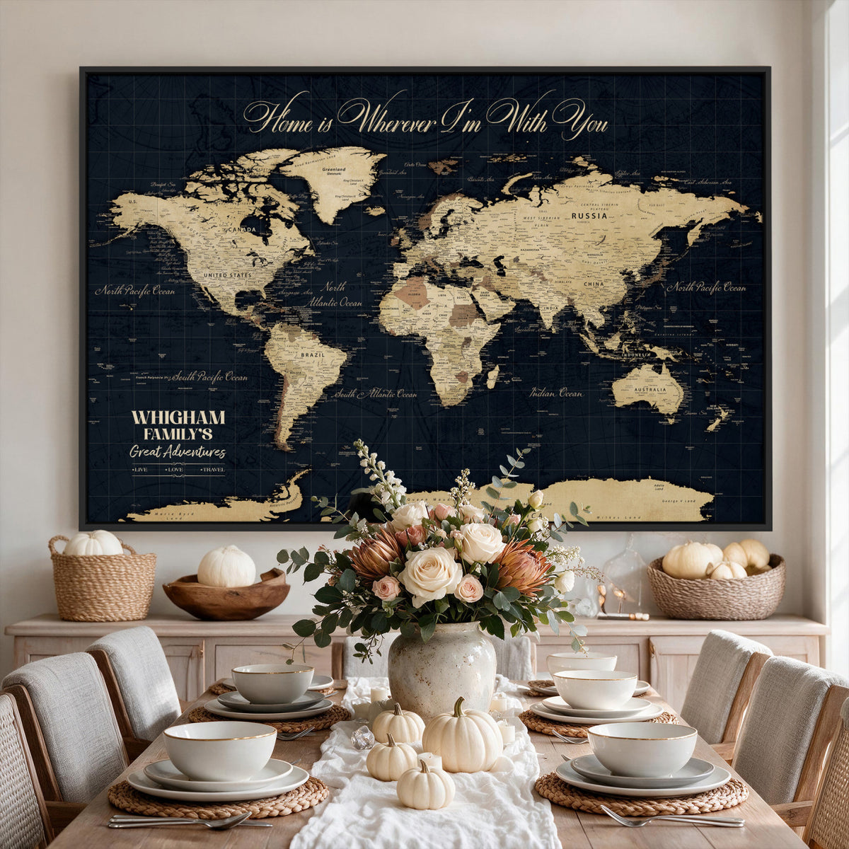 86888698-MGV-CV-36X24 - Custom Push Pin World Map Wall Art Canvas Print | Personalized Travel Tracker with Pins Framed Large for Home and Office Decor