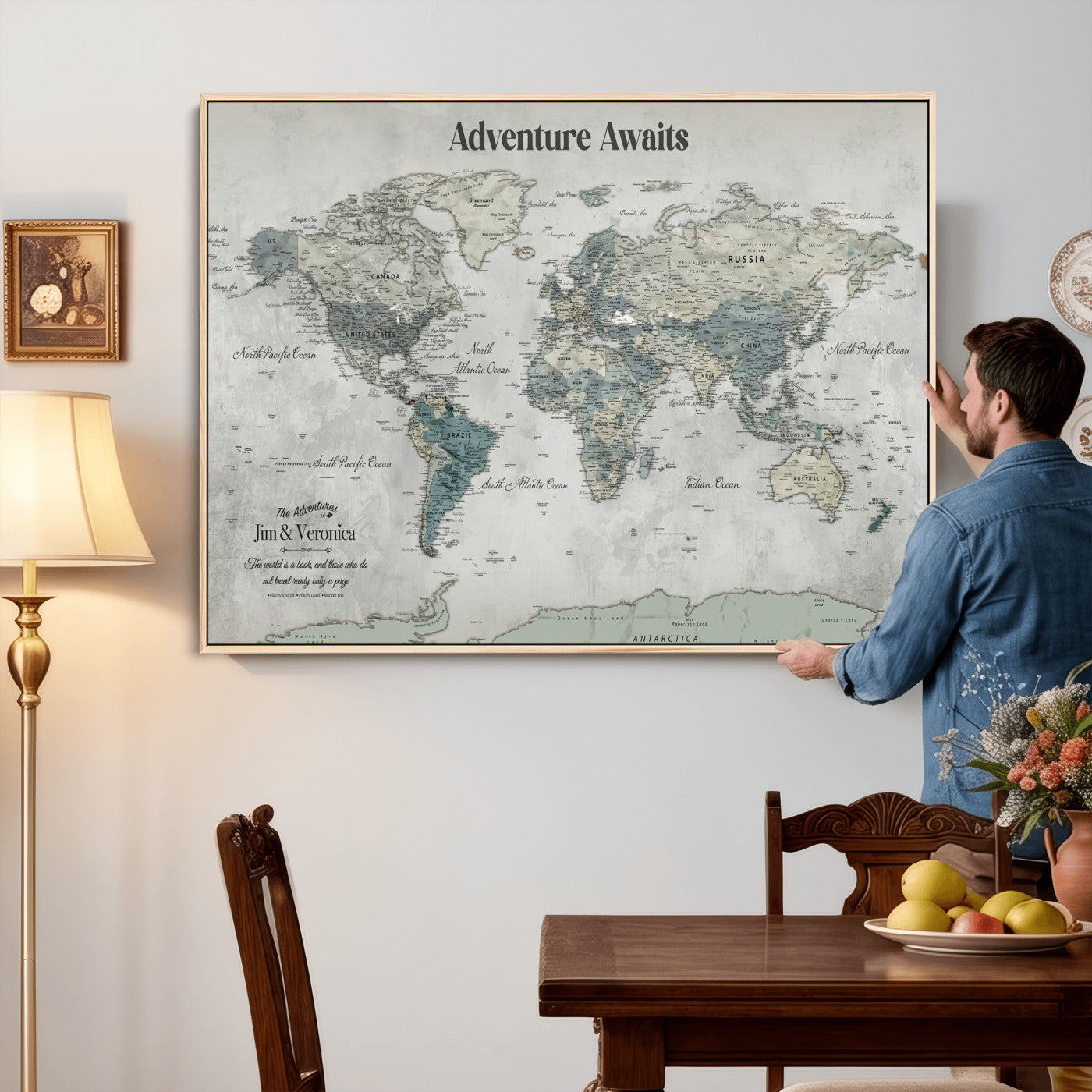 11945570-MGV-CV-36X24 - Custom Push Pin World Map Wall Art Canvas Print – Personalized Travel Tracker with Pins Framed Large for Home and Office Decor