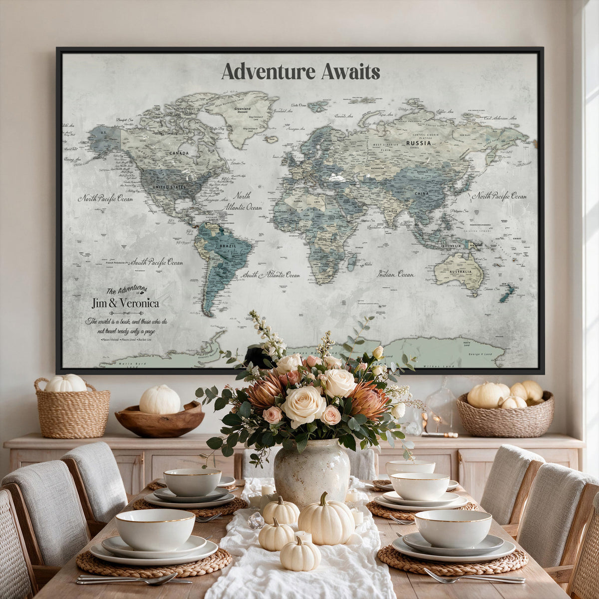 11945570-MGV-CV-36X24 - Custom Push Pin World Map Wall Art Canvas Print | Personalized Travel Tracker with Pins Framed Large for Home and Office Decor