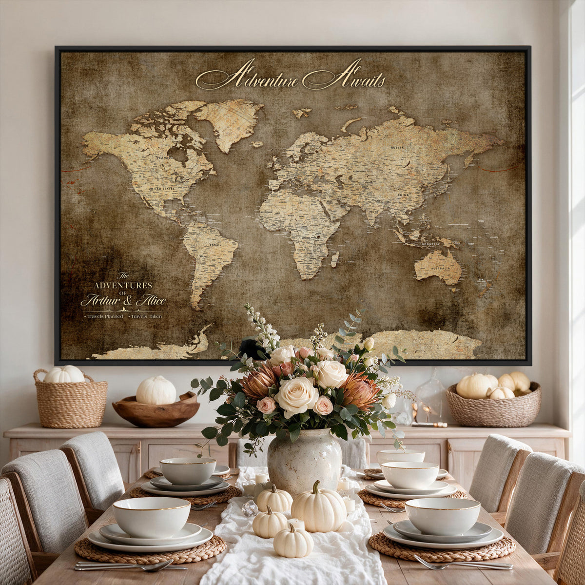 61836190-MGV-CV-36X24 - Custom Push Pin World Map Wall Art Canvas Print | Personalized Travel Tracker with Pins Framed Large for Home and Office Decor