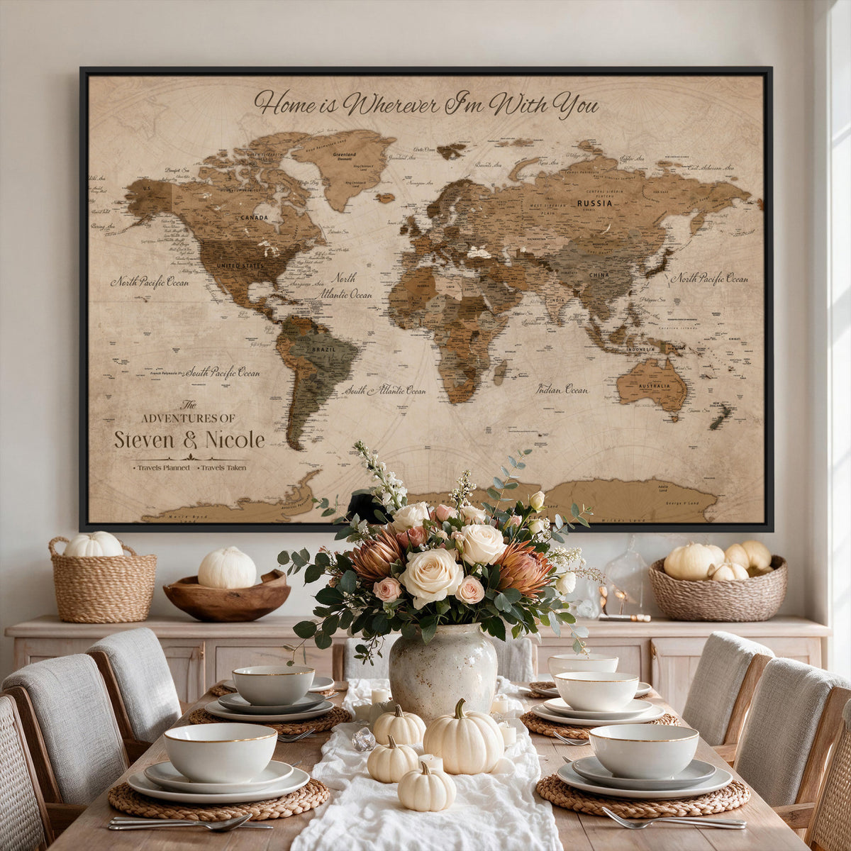 67360040-MGV-CV-36X24 - Personalized Framed Navy Geometric World Map Canvas with Push Pins, Couples Countries Visited Map, Living Room and Hallway Decor