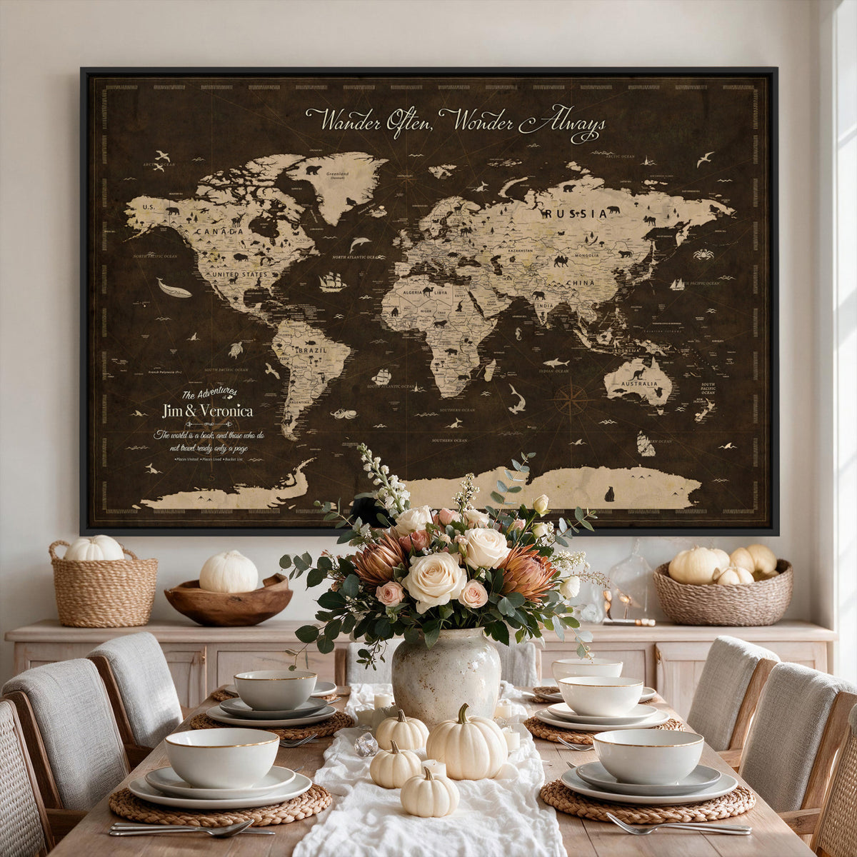 20091587-MGV-CV-36X24 - Custom Push Pin World Map Wall Art Canvas Print | Personalized Travel Tracker with Pins Framed Large for Home and Office Decor