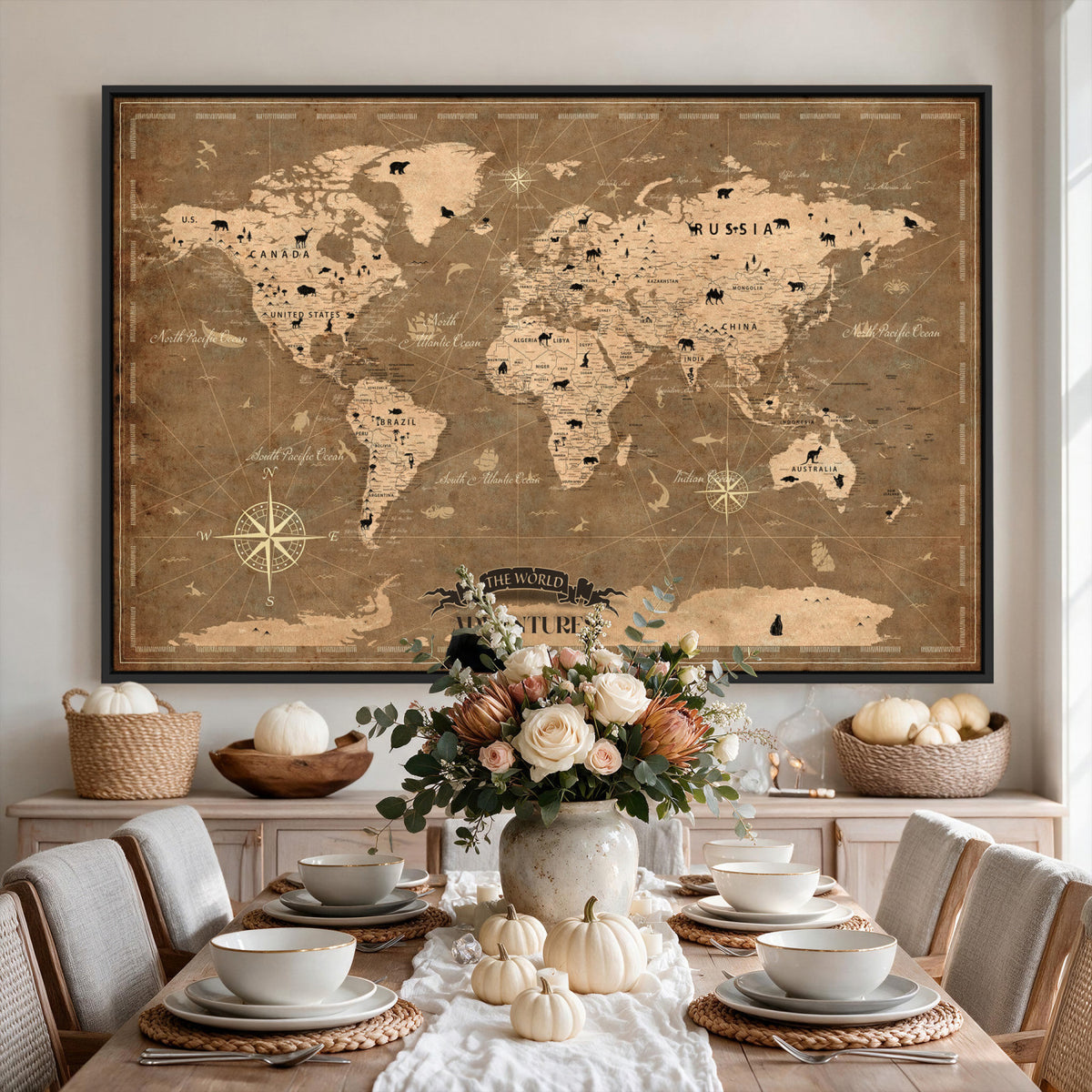 16235283-MGV-CV-36X24 - Custom World Travel Map Wall Art with Pins, Family Travel Tracker, Living Room and Bedroom Decor