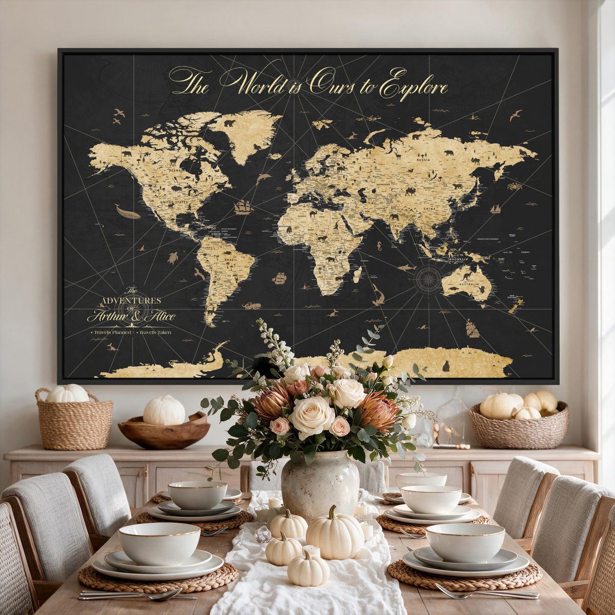 54097664-MGV-CV-36X24 - Custom Push Pin World Map Canvas Print, Couples Countries Visited Map, Living Room and Home Office Decor