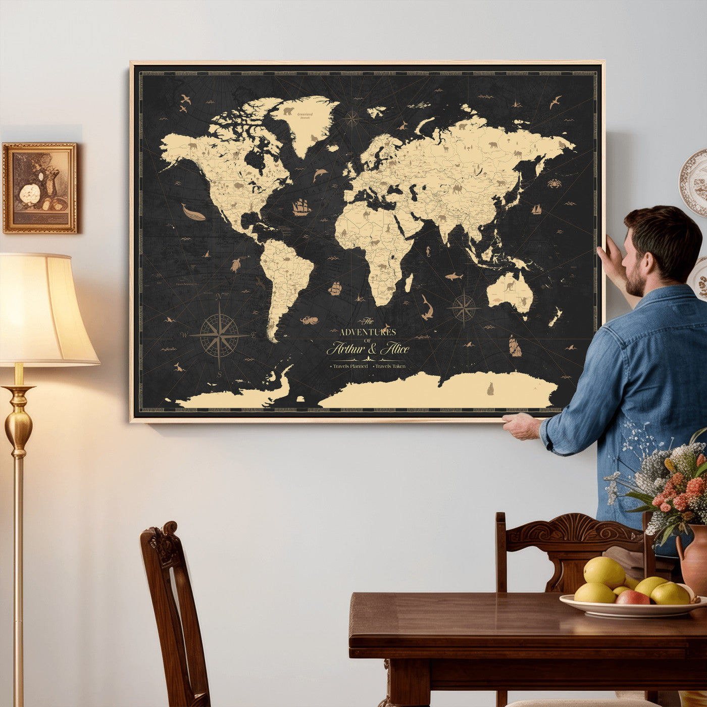 23208482-MGV-CV-36X24 - Custom Push Pin World Map Wall Art Canvas Print – Personalized Travel Tracker with Pins Framed Large for Home and Office Decor