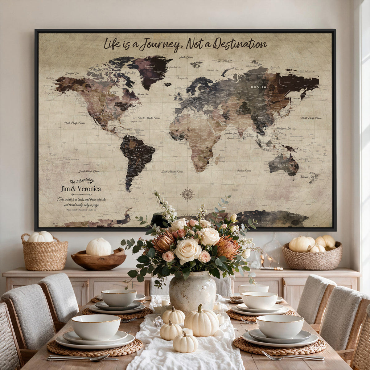 58257942-MGV-CV-36X24 - Custom Push Pin World Map Wall Art Canvas Print | Personalized Travel Tracker with Pins Framed Large for Home and Office Decor