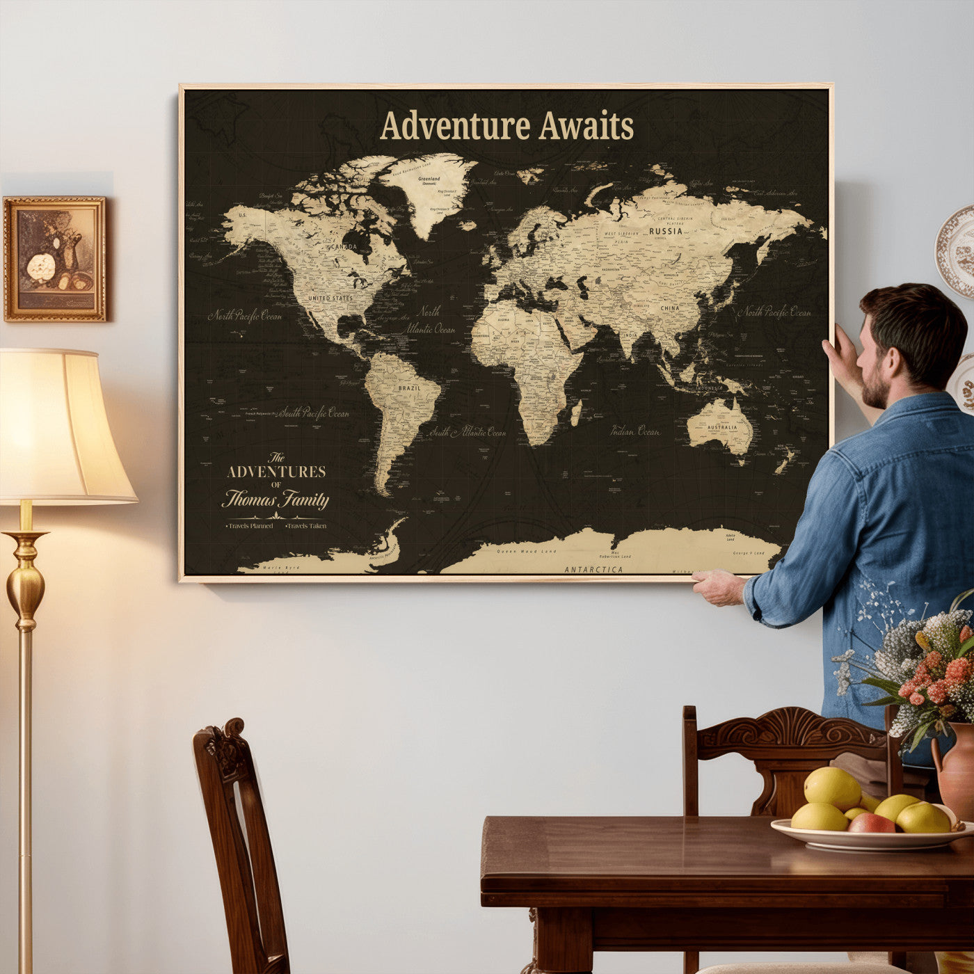 47597338-MGV-CV-36X24 - Custom Push Pin World Map Wall Art Canvas Print – Personalized Travel Tracker with Pins Framed Large for Home and Office Decor