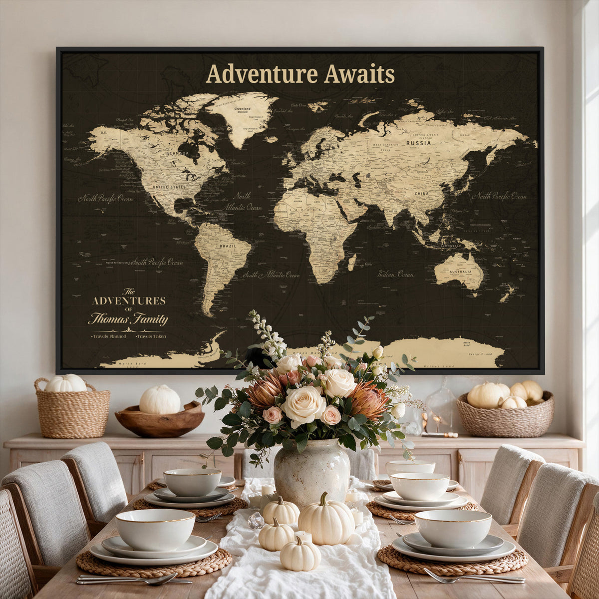47597338-MGV-CV-36X24 - Custom Push Pin World Map Wall Art Canvas Print | Personalized Travel Tracker with Pins Framed Large for Home and Office Decor