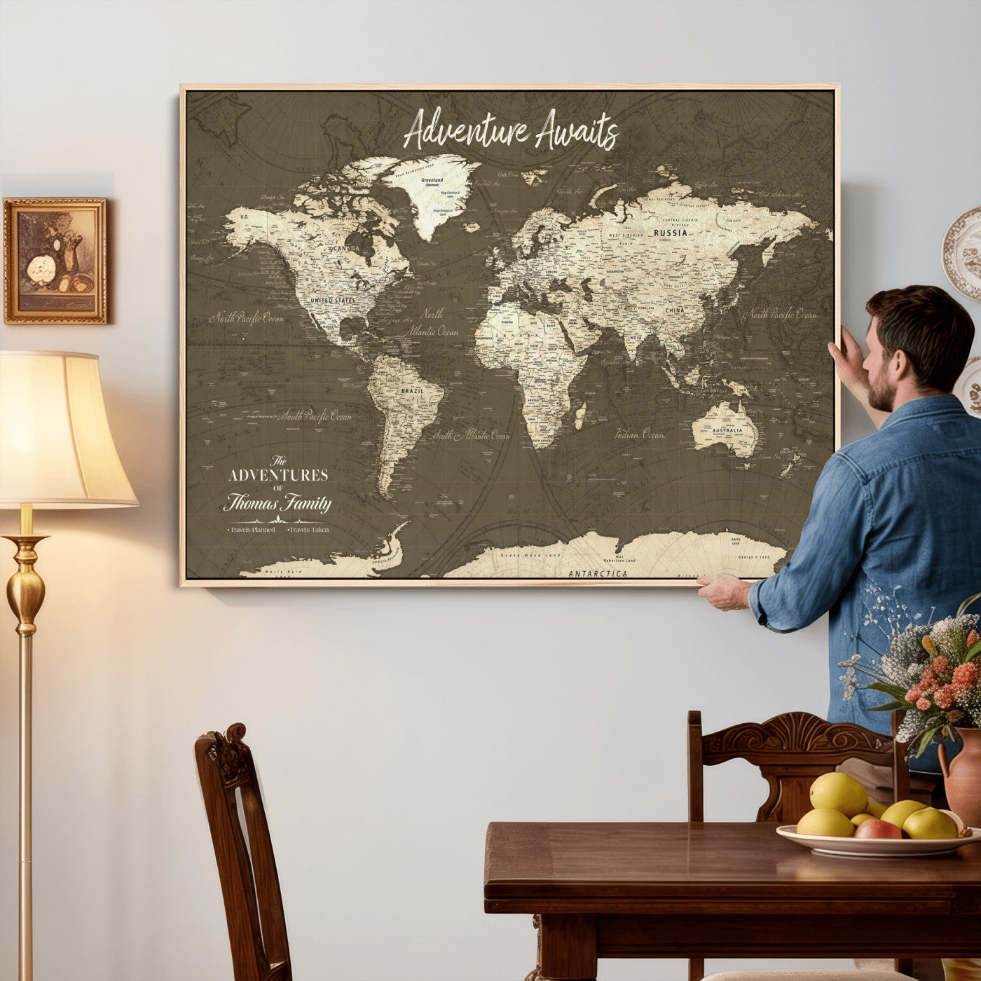 27762875-MGV-CV-36X24 - Custom Push Pin World Map Wall Art Canvas Print – Personalized Travel Tracker with Pins Framed Large for Home and Office Decor