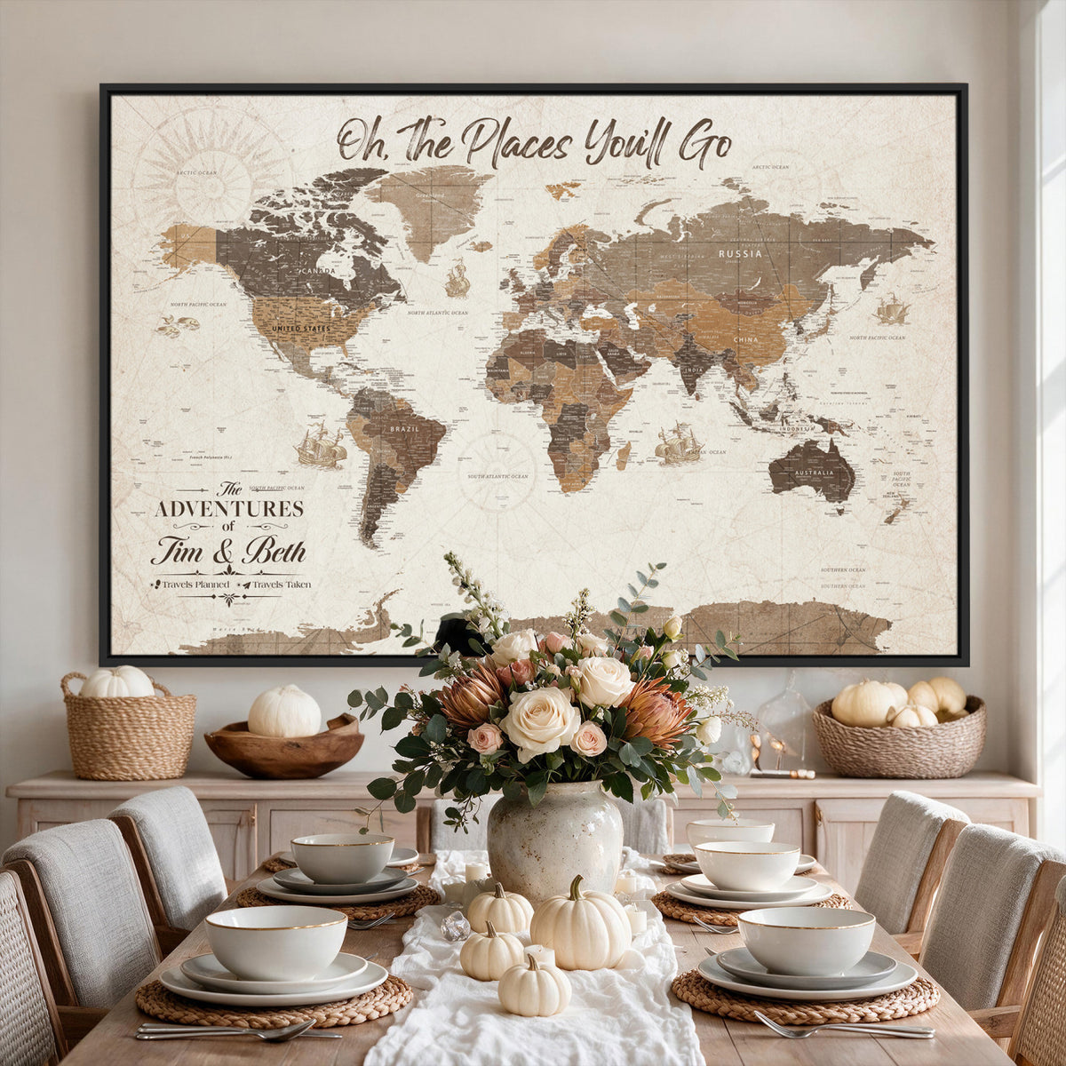 NEWMAP-8-MGV-CV-36X24 - Custom Beige World Travel Map Wall Art with Pins, Couples Countries Visited Map, Living Room and Study Decor