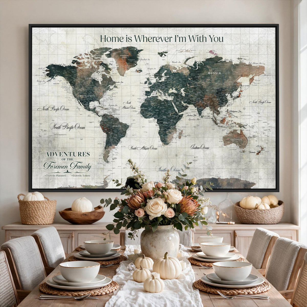 98050124-MGV-CV-36X24 - Personalized Beige Modern Push Pin Travel Map Canvas Print, Couples Countries Visited Map, Dining Room and Bedroom Decor