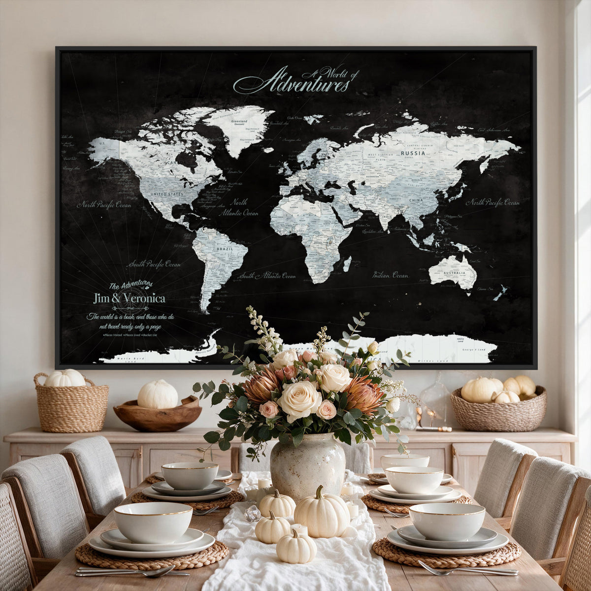 67491071-MGV-CV-36X24 - Custom Beige World Travel Map Wall Art with Pins, Places Visited Tracker, Bedroom and Home Office Decor