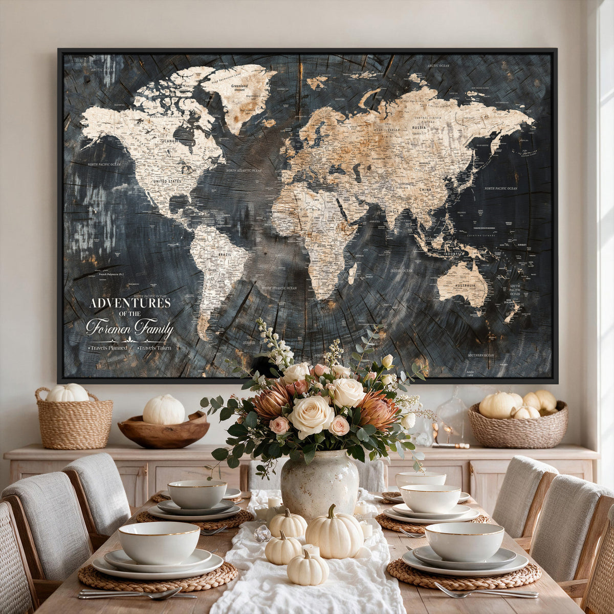 77865338-MGV-CV-36X24 - Personalized Framed Beige Push Pin World Map Canvas Print, Bucket List Map, Living Room and Hallway Decor