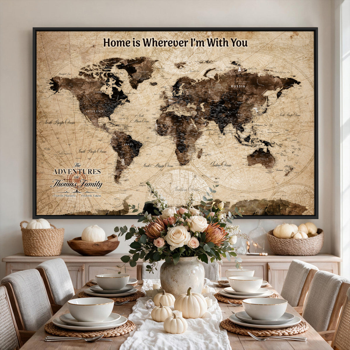 74771891-MGV-CV-36X24 - Personalized Framed Beige Modern World Travel Map Wall Art with Pins, Family Adventure Map, Living Room and Hallway Decor