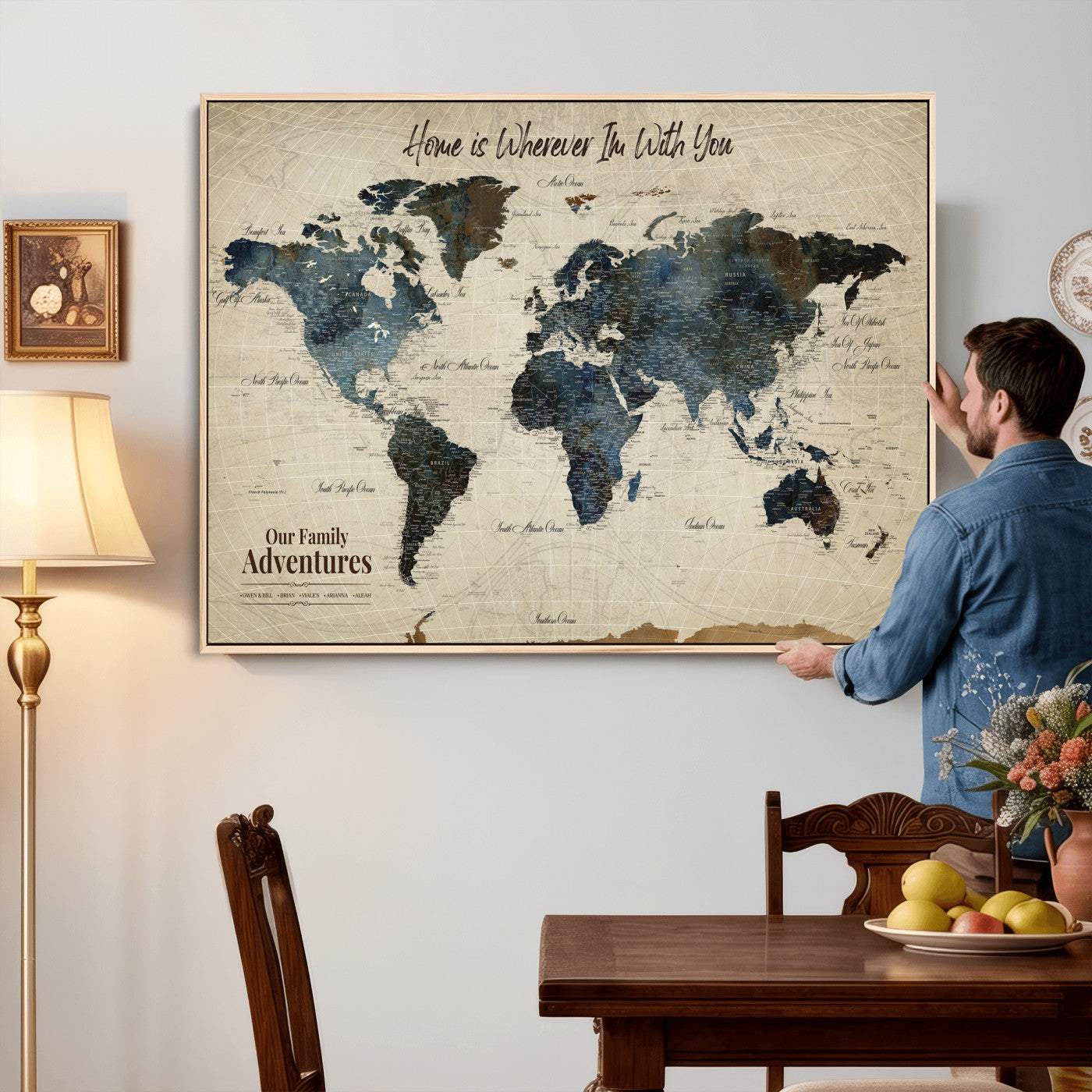 51383535-MGV-CV-36X24 - Custom Push Pin World Map Wall Art Canvas Print – Personalized Travel Tracker with Pins Framed Large for Home and Office Decor