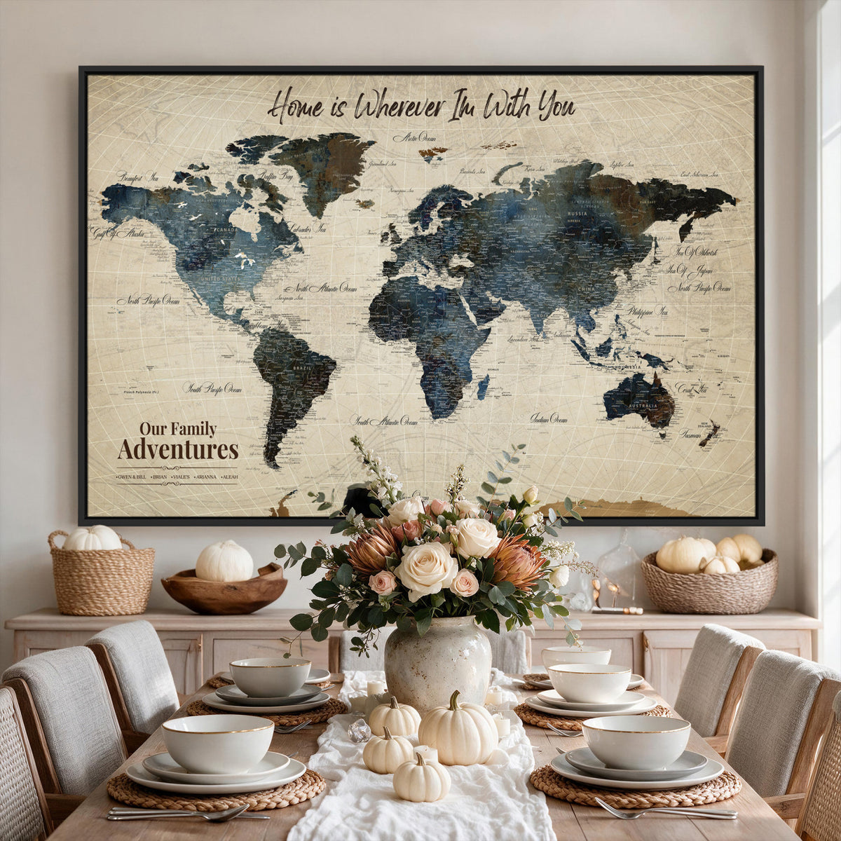 51383535-MGV-CV-36X24 - Personalized Framed Black Modern Push Pin Travel Map Canvas Print, Family Travel Tracker, Home Office and Entryway Decor