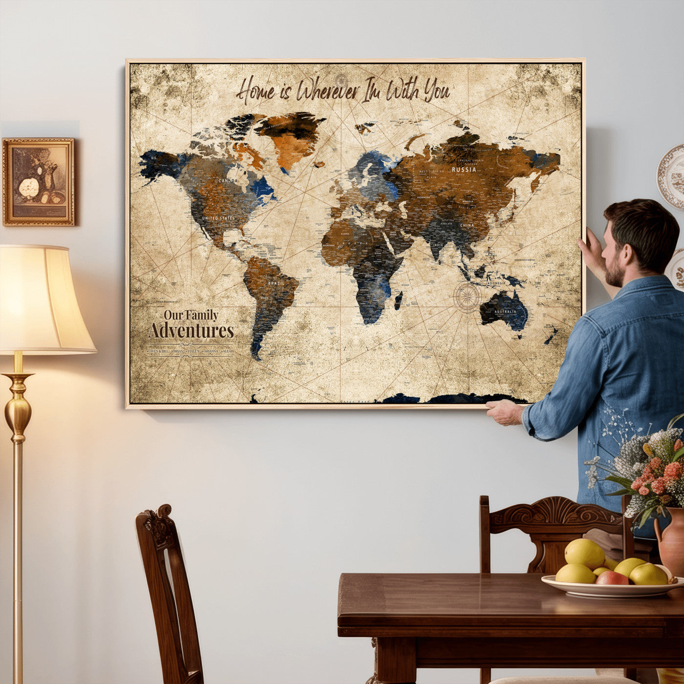 17548029-MGV-CV-36X24 - Custom Push Pin World Map Wall Art Canvas Print – Personalized Travel Tracker with Pins Framed Large for Home and Office Decor