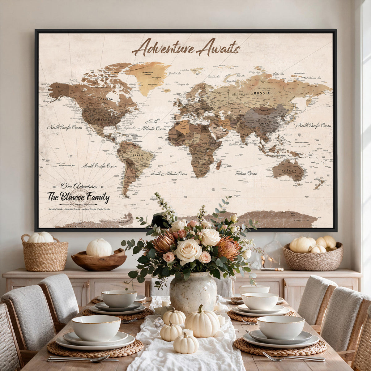 64110351-MGV-CV-36X24 - Custom Framed White Modern World Map Canvas with Push Pins, Places Visited Tracker, Dining Room and Entryway Decor