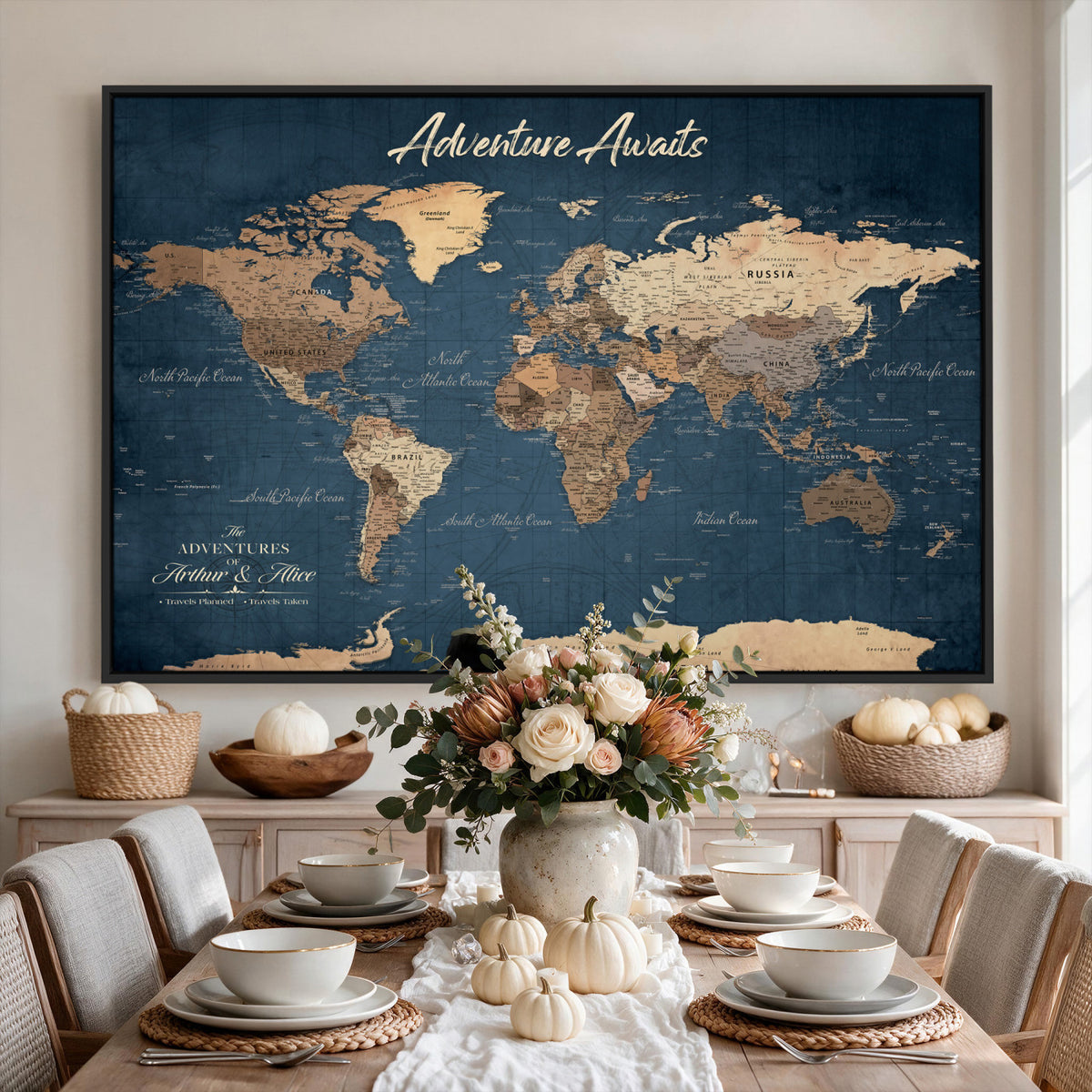 64110391-MGV-CV-36X24 - Personalized White Vintage World Travel Map Wall Art with Pins, Next Trip Planner Map, Family Room and Dining Room Decor