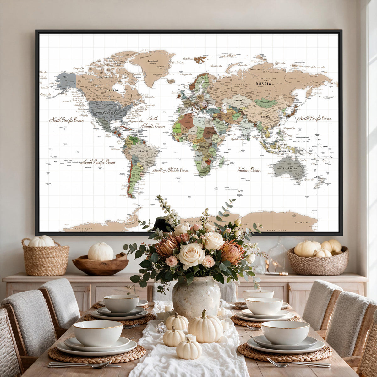 91286788-MGV-CV-36X24 - World Map Wall Art Canvas Print, Modern Decorative Framed Map Artwork Prints for Living Room, Office, Bedroom Wall Decor