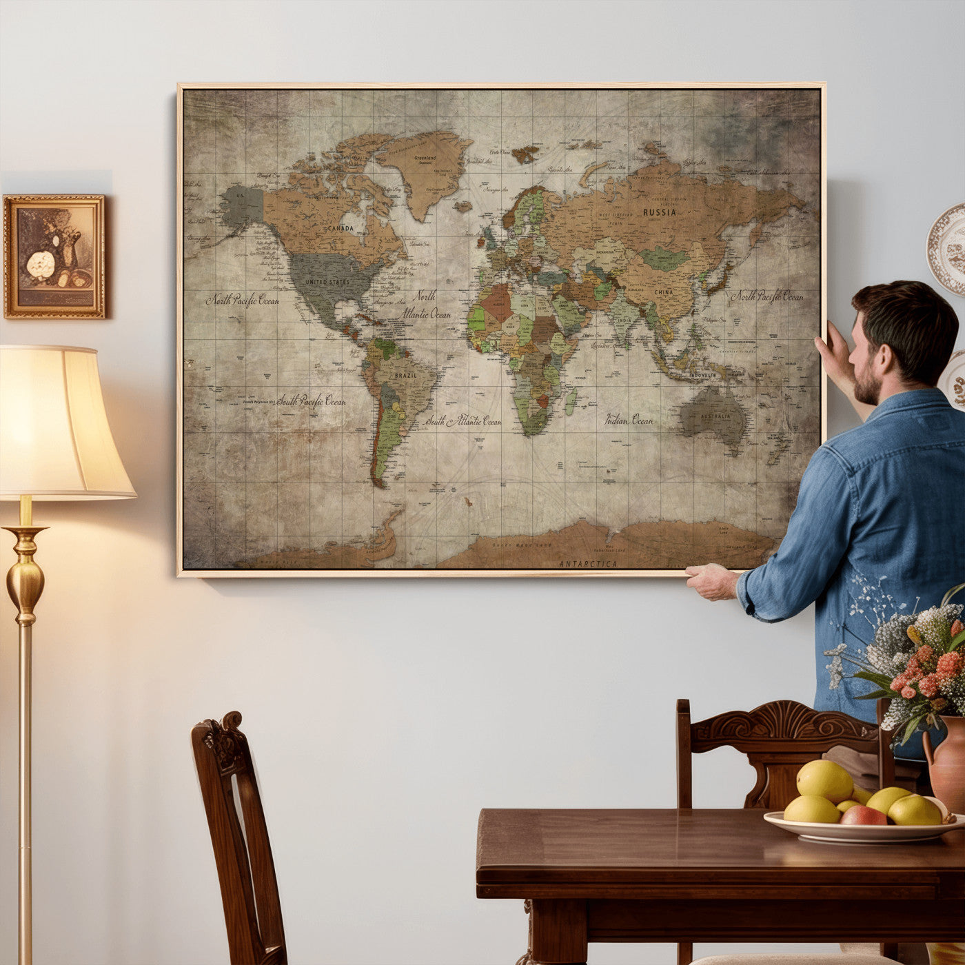 20356264-MGV-CV-36X24 - World Map Wall Art Canvas Print, Modern Decorative Framed Map Artwork Prints for Living Room, Office, Bedroom Wall Decor
