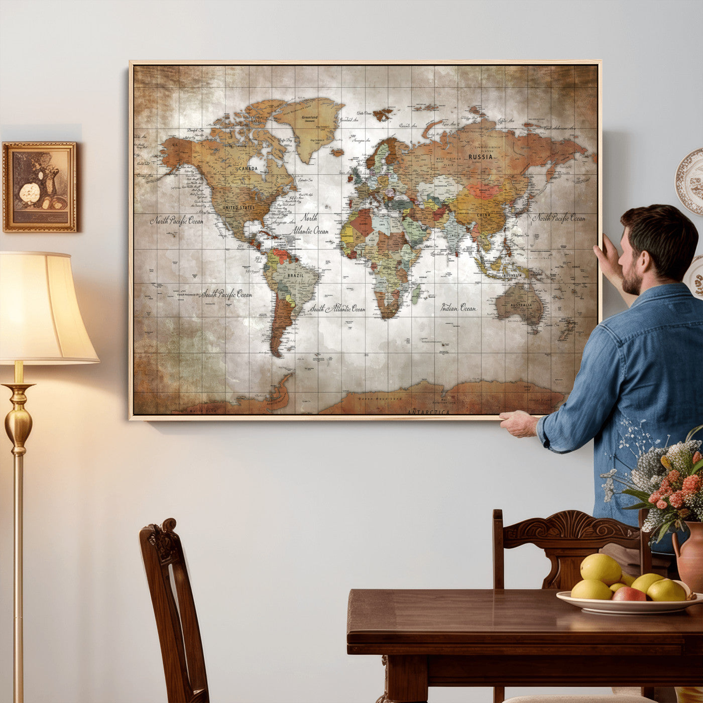 51643807-MGV-CV-36X24 - World Map Wall Art Canvas Print, Modern Decorative Framed Map Artwork Prints for Living Room, Office, Bedroom Wall Decor